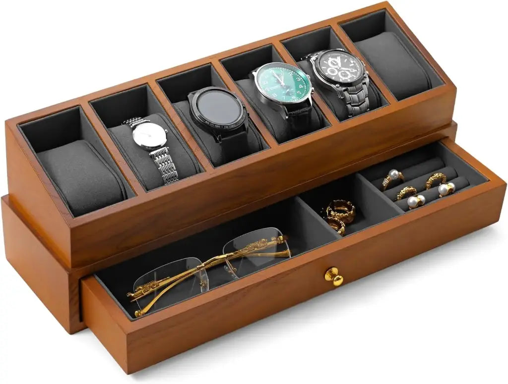 Oirlv Boîte De Montre En Bois Massif Avec 6 Fentes- 2 Couches Organisateur De Bijoux Pour Les Hommes  (Gris)