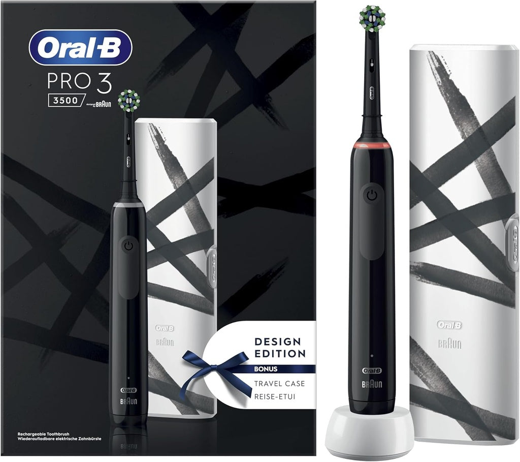 Oral-B Pro 3 3500 – Brosse à Dents Électrique Rechargeable, Noire, 1 Brossette, Étui de Voyage