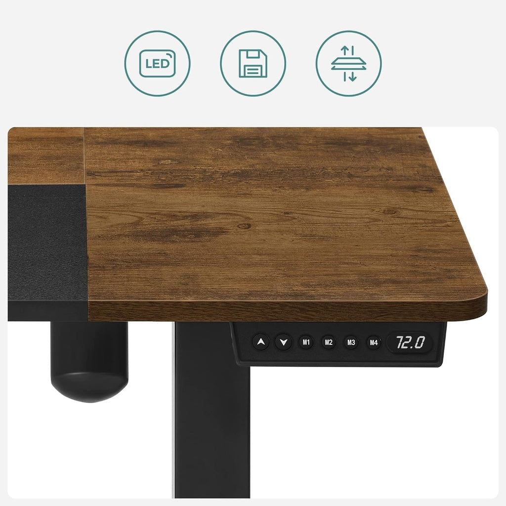 SONGMICS Bureau Électrique Assis-Debout – Réglable en Hauteur, 140 x 60 cm, 4 Hauteurs Mémorisables, Marron Rustique & Noir d’Encre