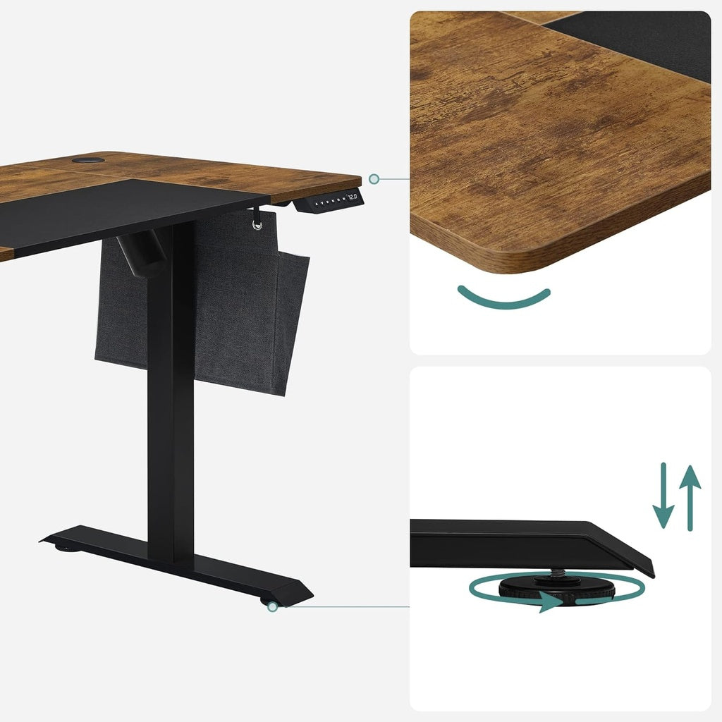 SONGMICS Bureau Électrique Assis-Debout – Réglable en Hauteur, 140 x 60 cm, 4 Hauteurs Mémorisables, Marron Rustique & Noir d’Encre