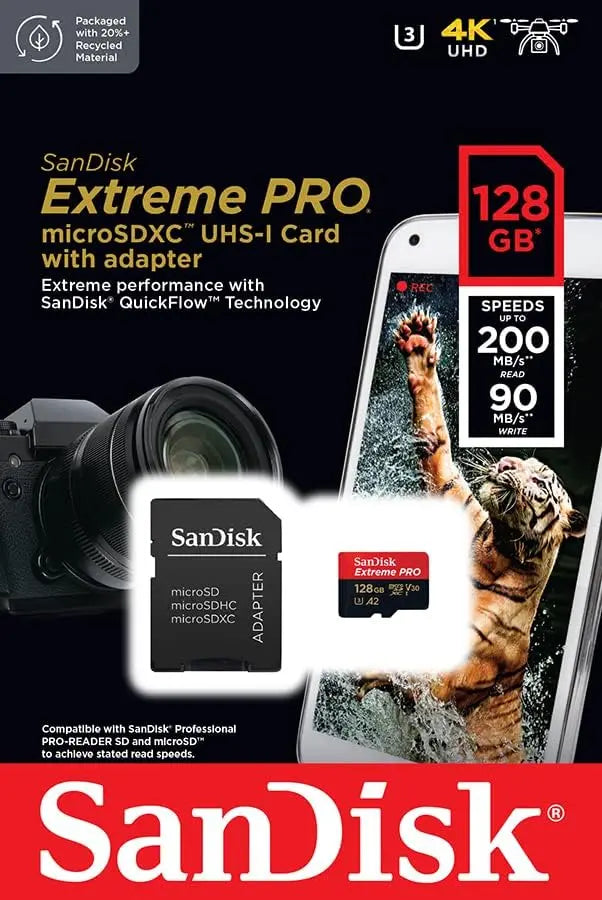 SanDisk Extreme PRO 128 Go microSDXC, Carte mémoire + adaptateur SD jusqu'à 200 Mo/s