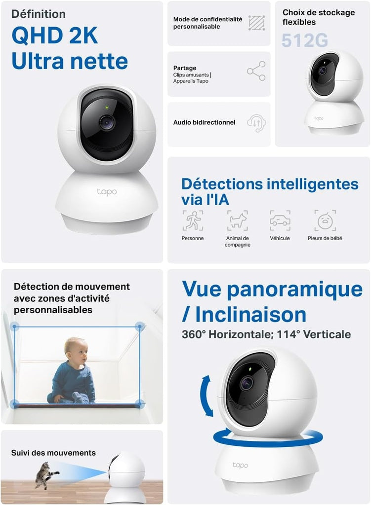 Tapo C210 – Caméra de Surveillance Wi-Fi Intérieure 2K (3MP), Rotation 360°, Compatible Alexa