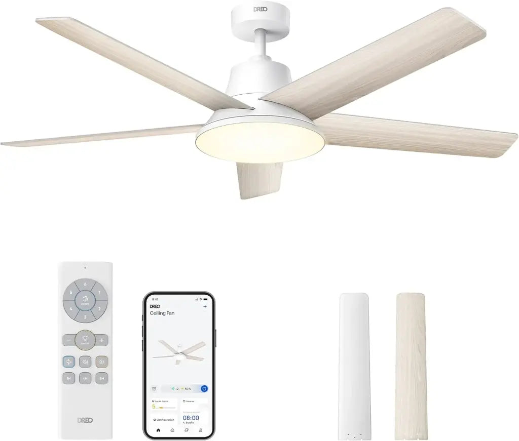 Ventilateur de plafond intelligent Dreo 52" avec éclairage LED à intensité variable, 12 vitesses, 3 modes, minuterie 12 h